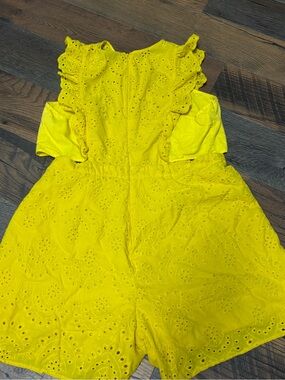 New York & Company Bright Yellow Eyelet Romper with Ruffle Shoulders
